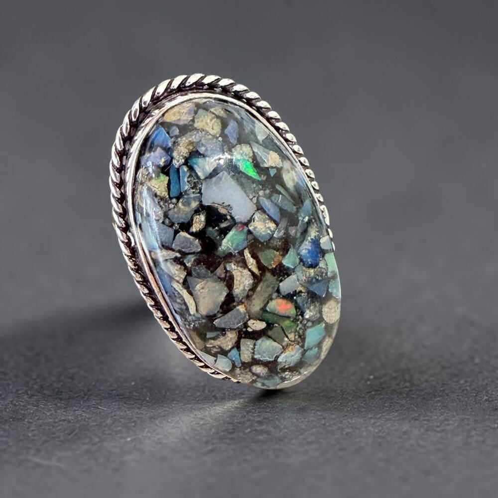 Ethiopian Opal Chip Inlay 925 Silver Plated Ring